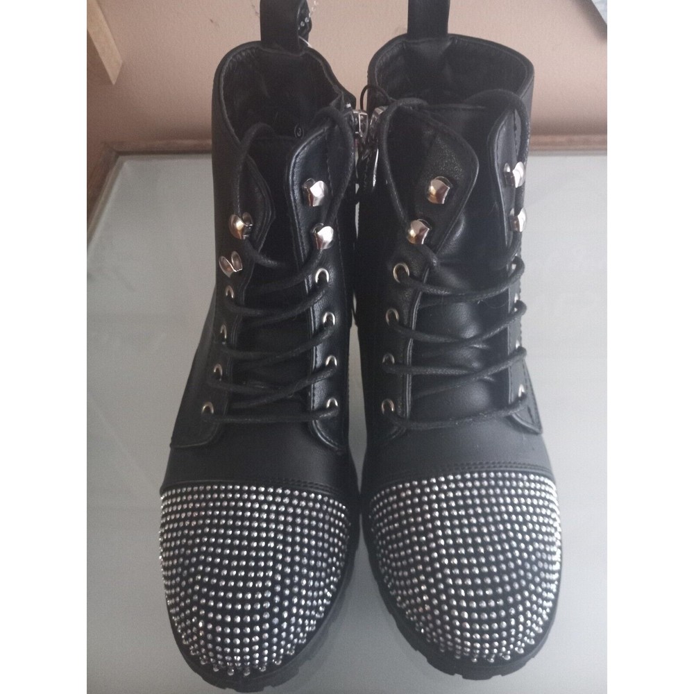Tahari Girl's Black Combat Studded Boots Sz 3 NWT Fashion Bling Tie Up Shoes